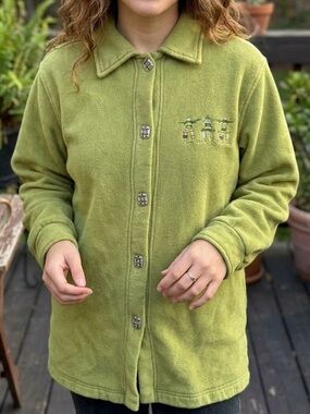 L-FA-FA Designs Green Cotton Inuksuk Native Embroidered Button-Up Jacket Boho